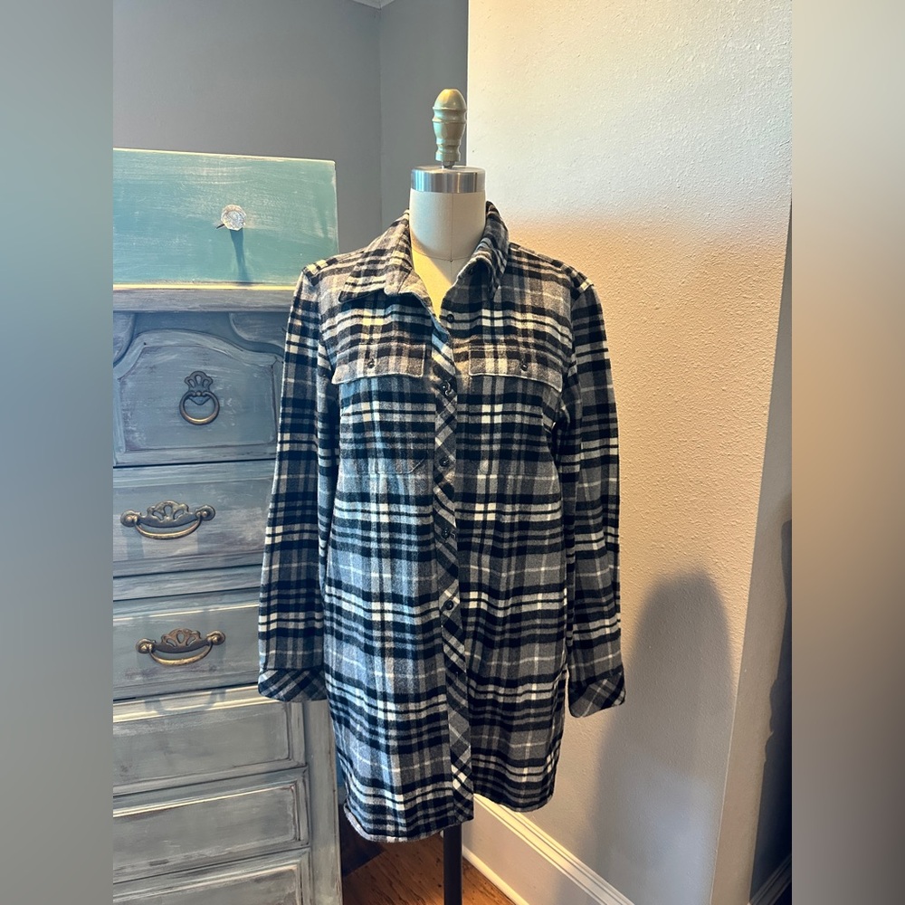 L.L.Bean  Chamois Tunic Plaid Flannel Black Gray Cream